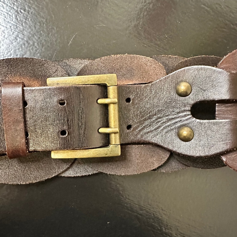 Antoniazzi Firenze Italy Brown Woven Leather Wide Waist Belt Scalloped XL Boho - Picture 4 of 9